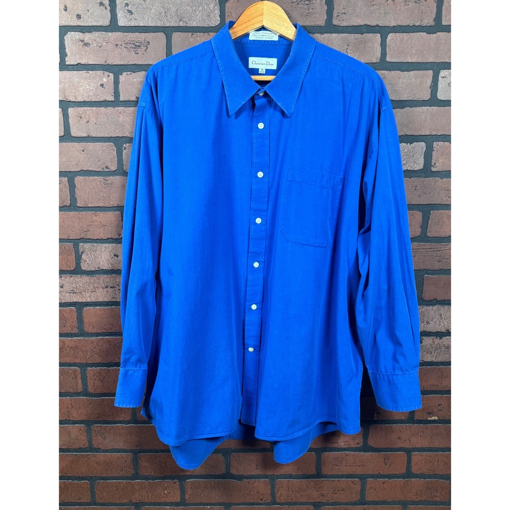 Christian Dior Button Up Royal Blue Long Sleeve Cotton Men's 18 34/35 Vintage